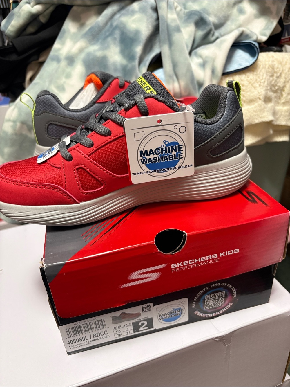 Skechers Kids Red and Gray Athletic Sneakers with Lime Pull Tab